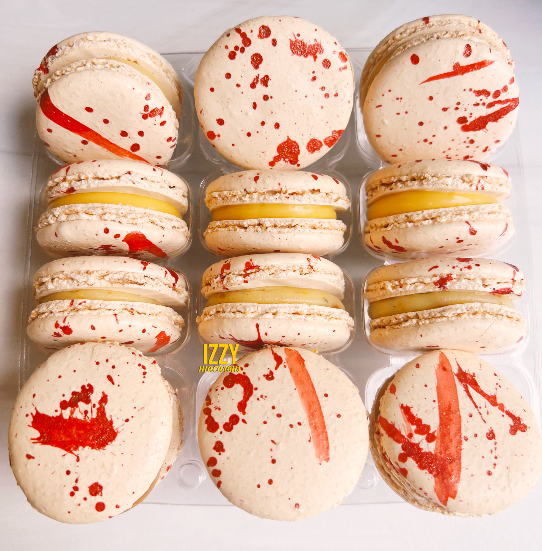 Blood Splash Macarons - Halloween Macarons - Izzy Macarons