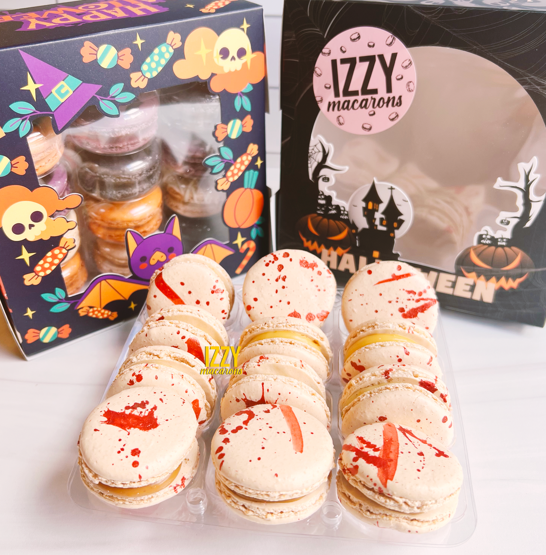 Blood Splash Macarons - Halloween Macarons - Izzy Macarons
