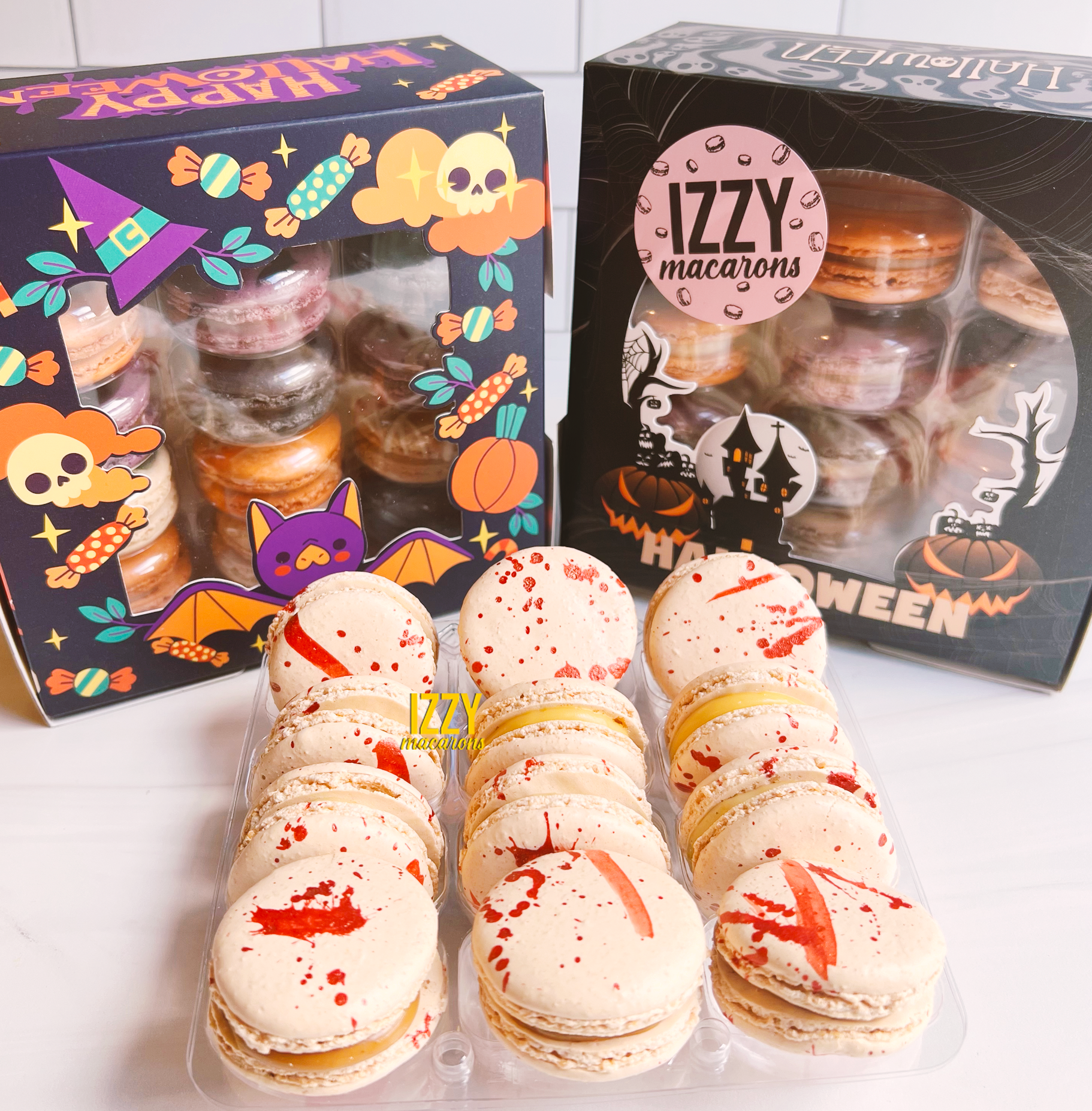 Blood Splash Macarons - Halloween Macarons - Izzy Macarons
