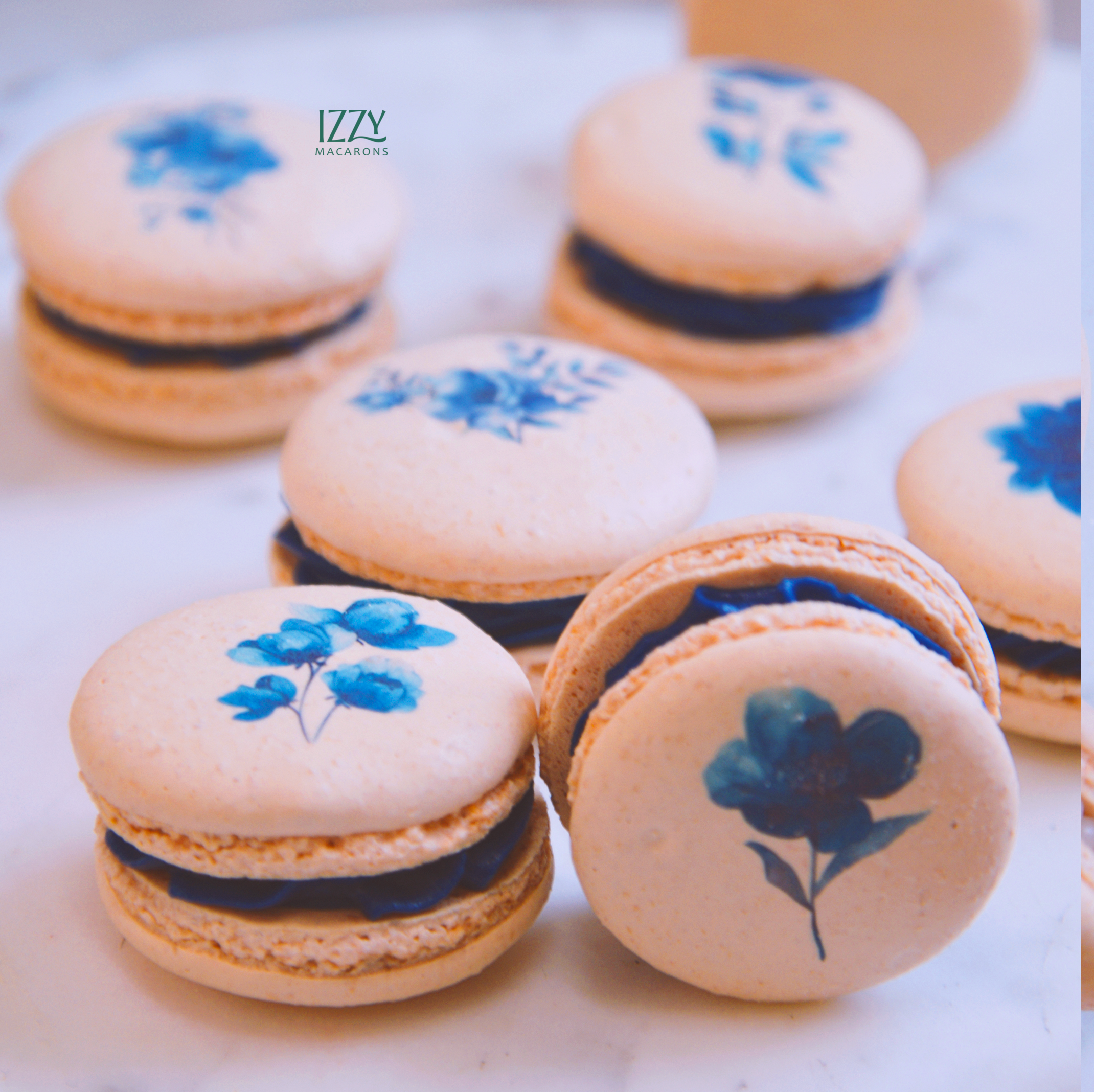 Navy Blue Flowers Macarons