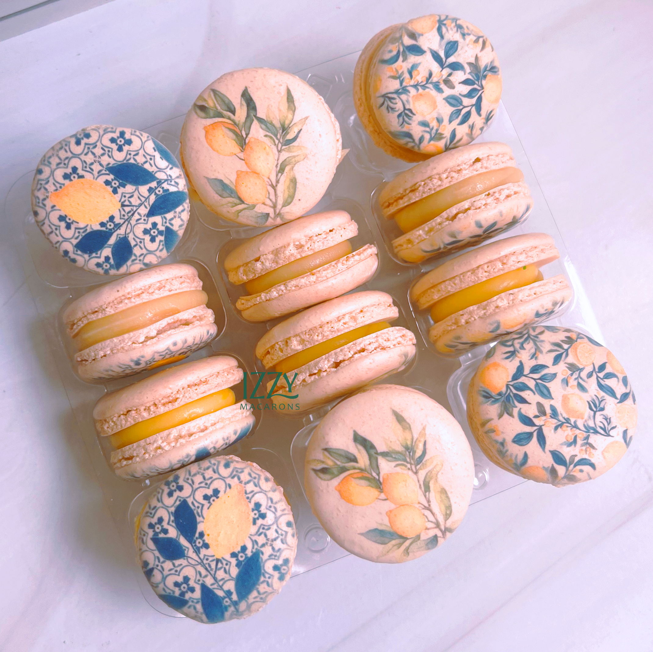 Blue Lemon Tile Flowers Macarons