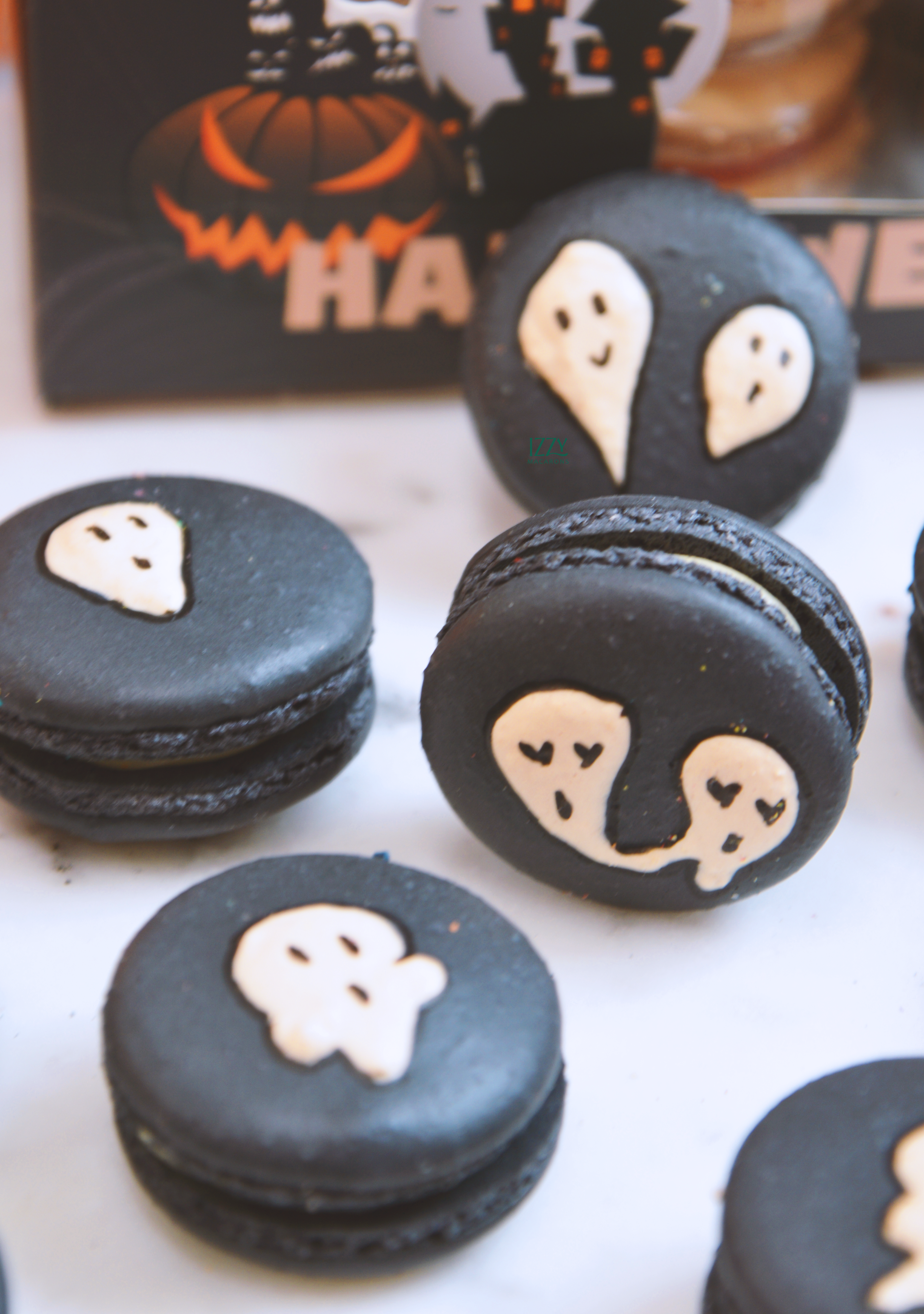 Black with Ghosts  - Halloween Macarons