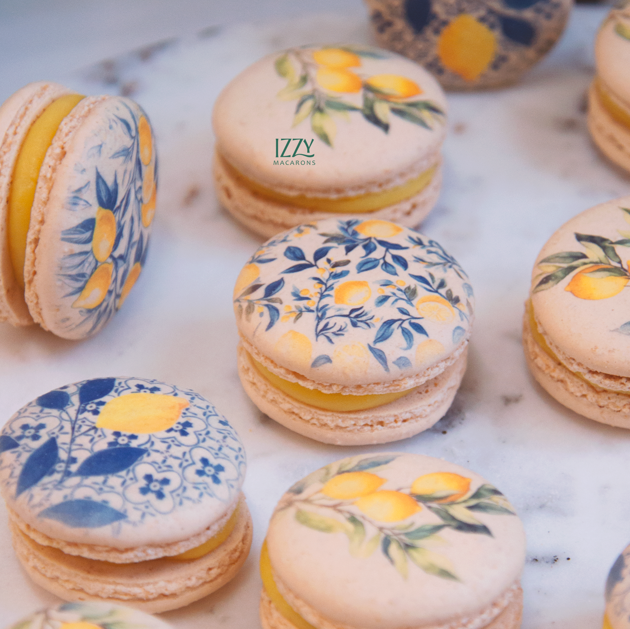 Blue Lemon Tile Flowers Macarons