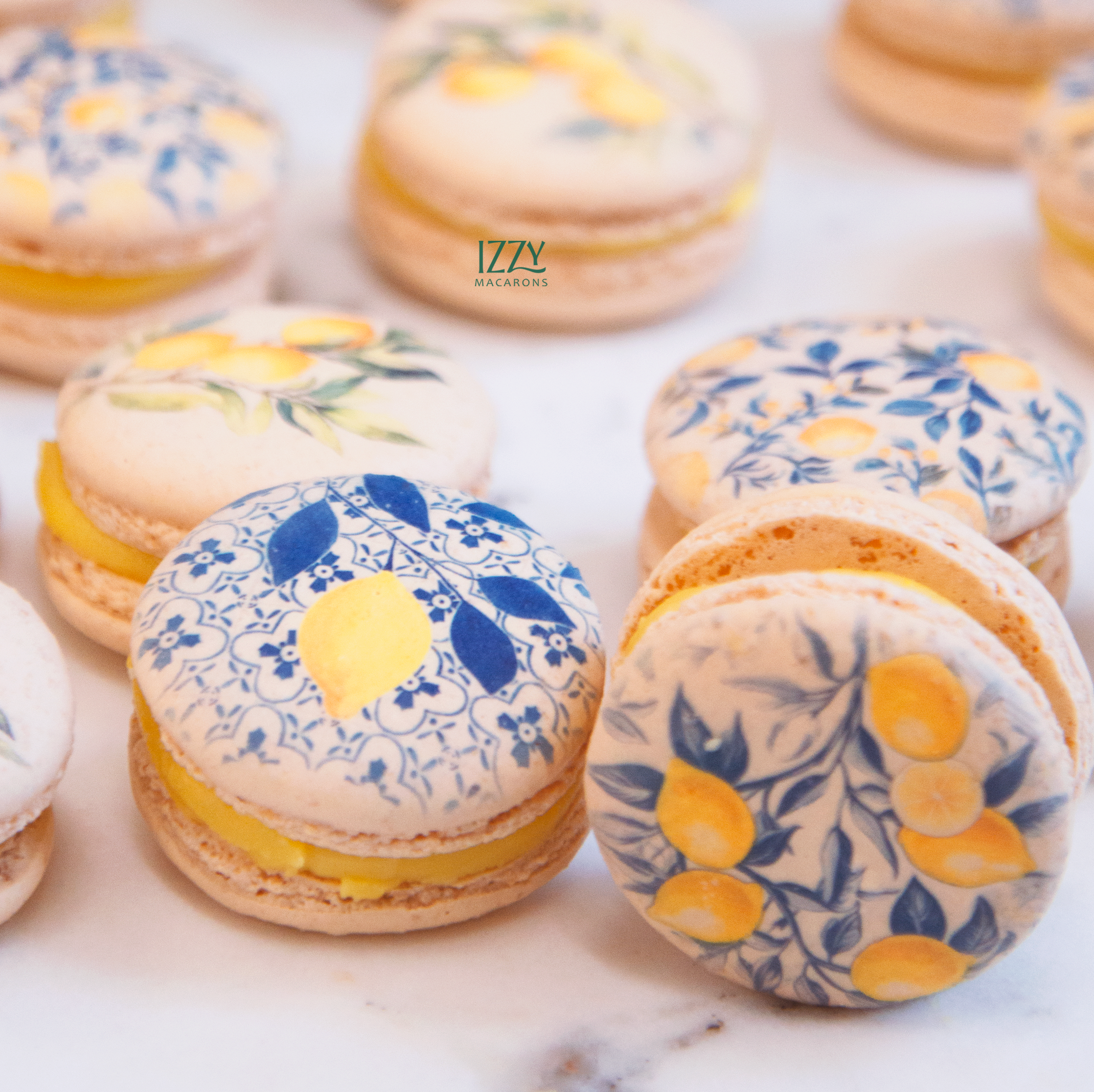 Blue Lemon Tile Flowers Macarons