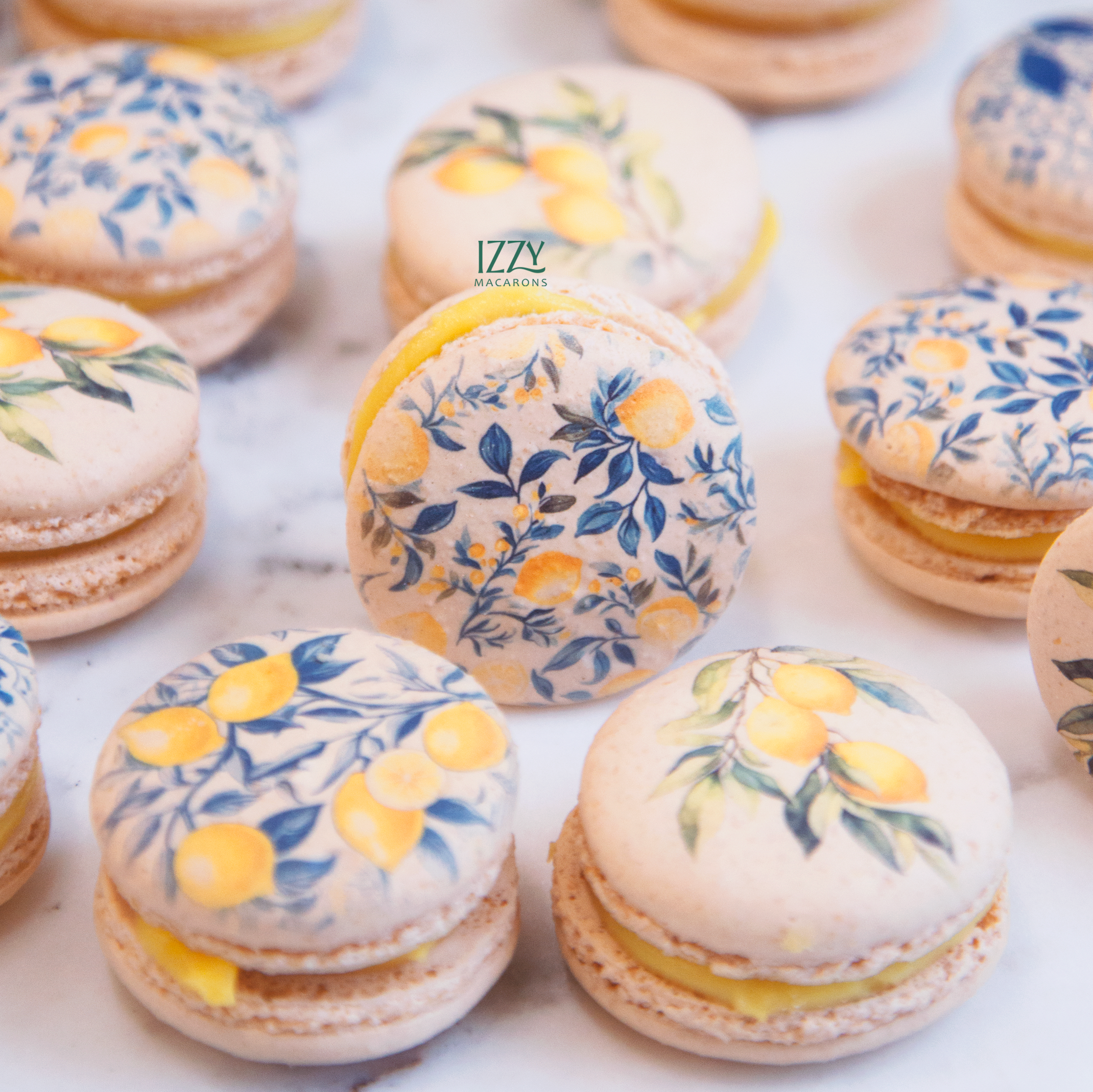 Blue Lemon Tile Flowers Macarons