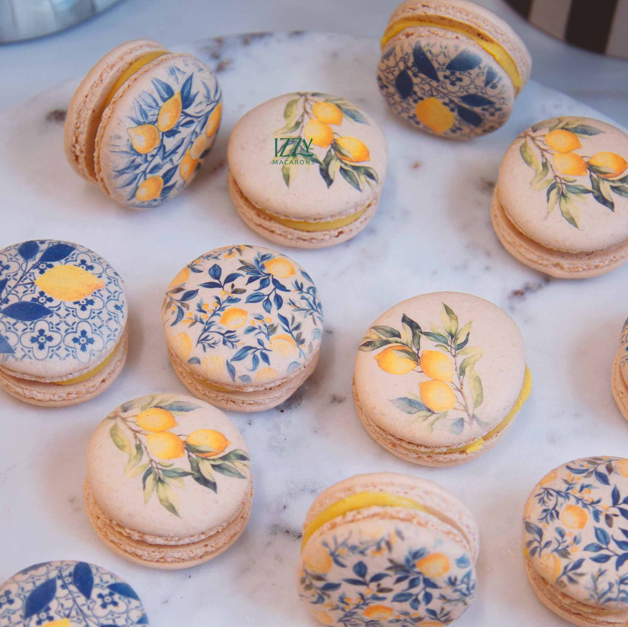 Blue Lemon Tile Flowers Macarons