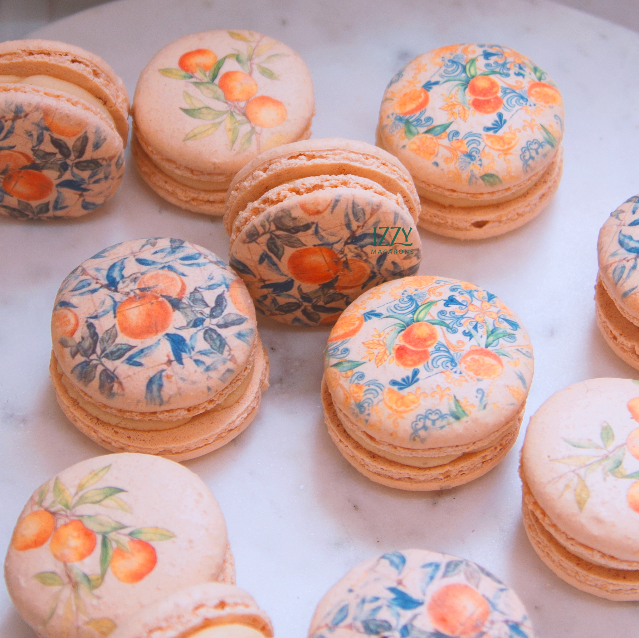 Blue Orange Tile Flowers Macarons – Izzy Macarons