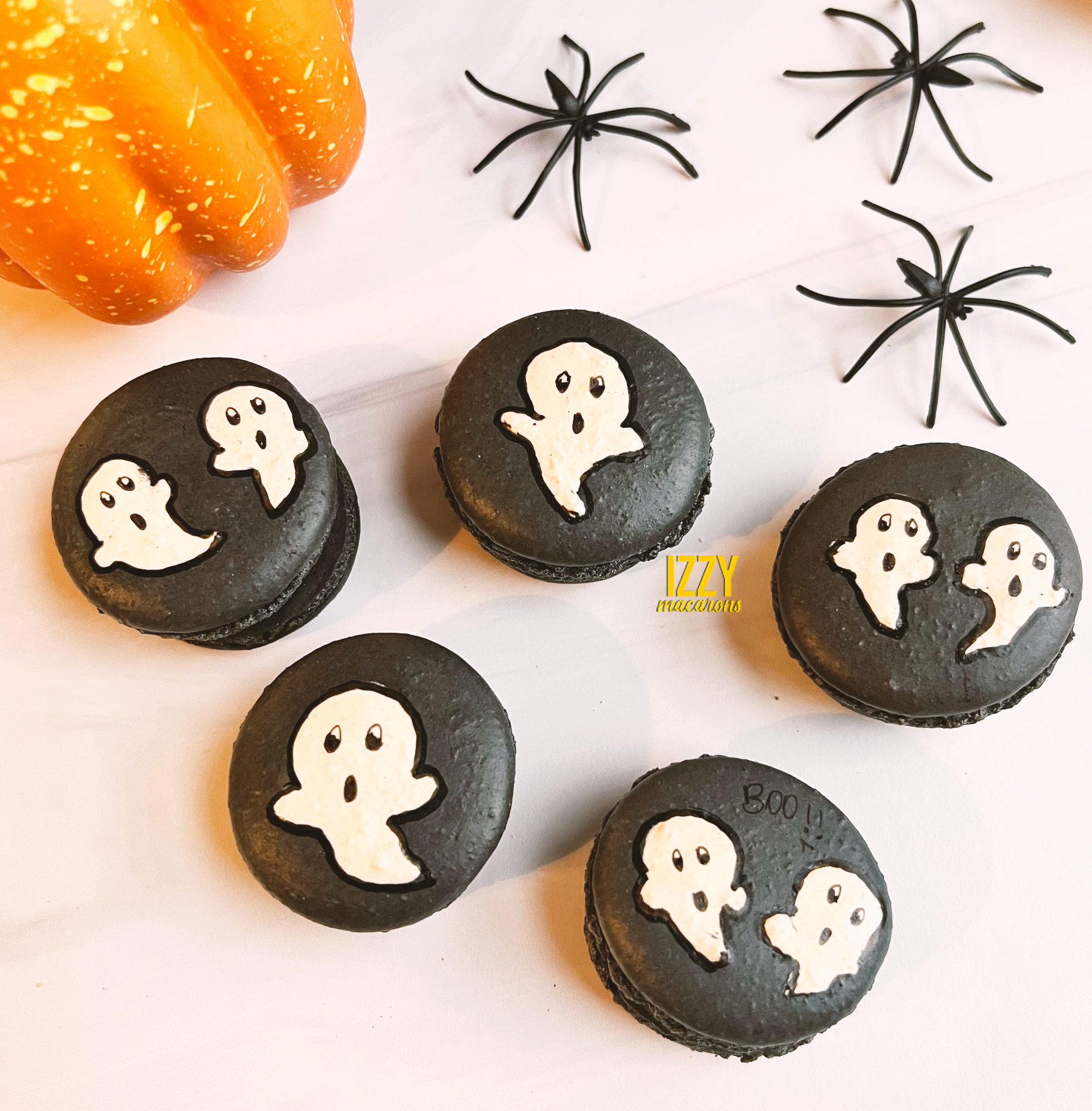 Black with Ghosts  - Halloween Macarons - Izzy Macarons