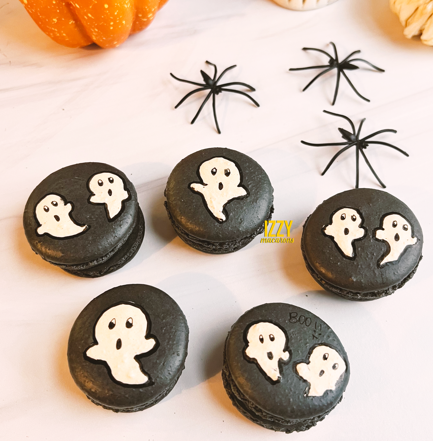 Black with Ghosts  - Halloween Macarons - Izzy Macarons