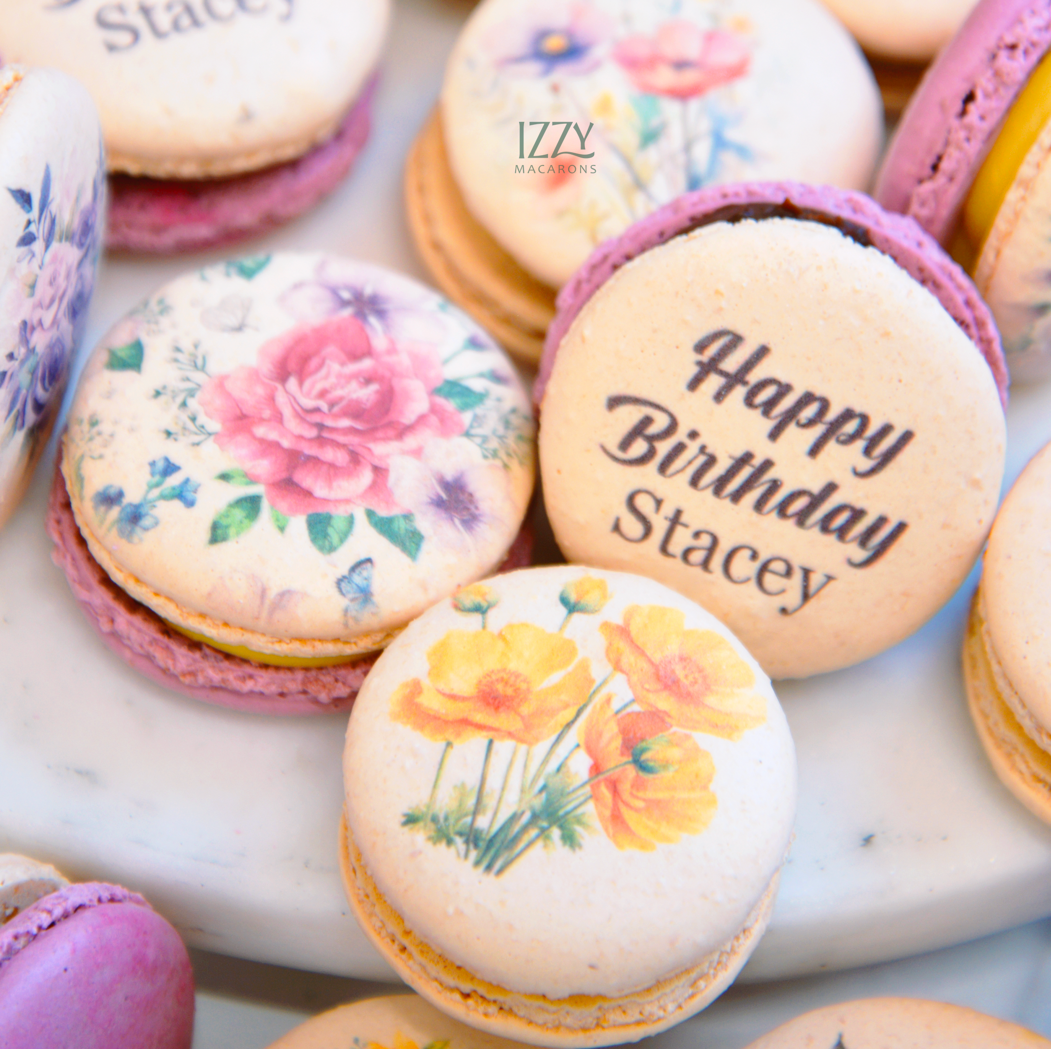 Flowers + Happy Birthday Macarons