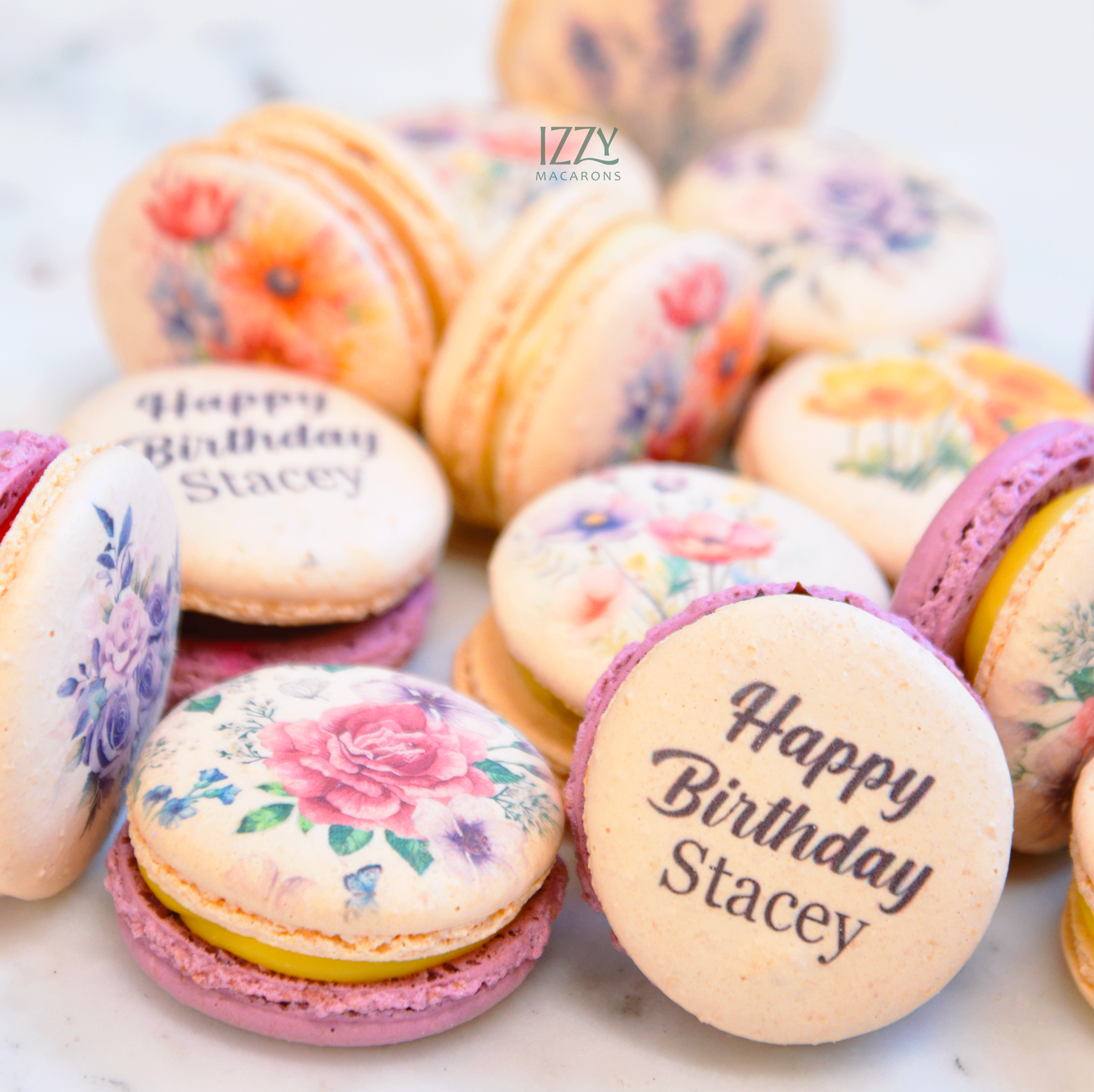 Flowers + Happy Birthday Macarons