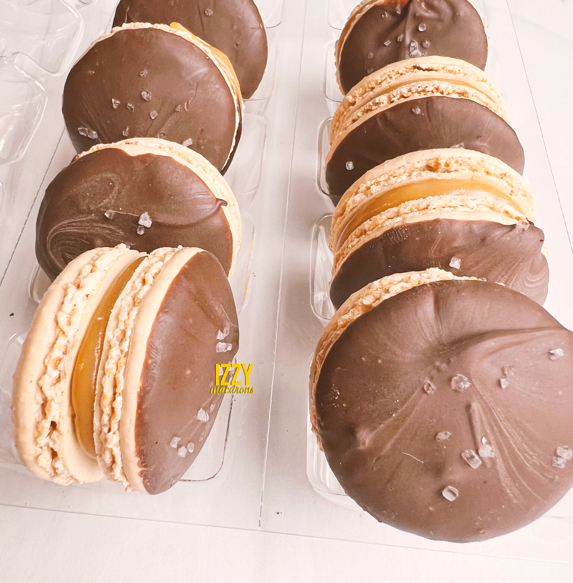 Sea Salt Caramel Fudge Macarons - Izzy Macarons